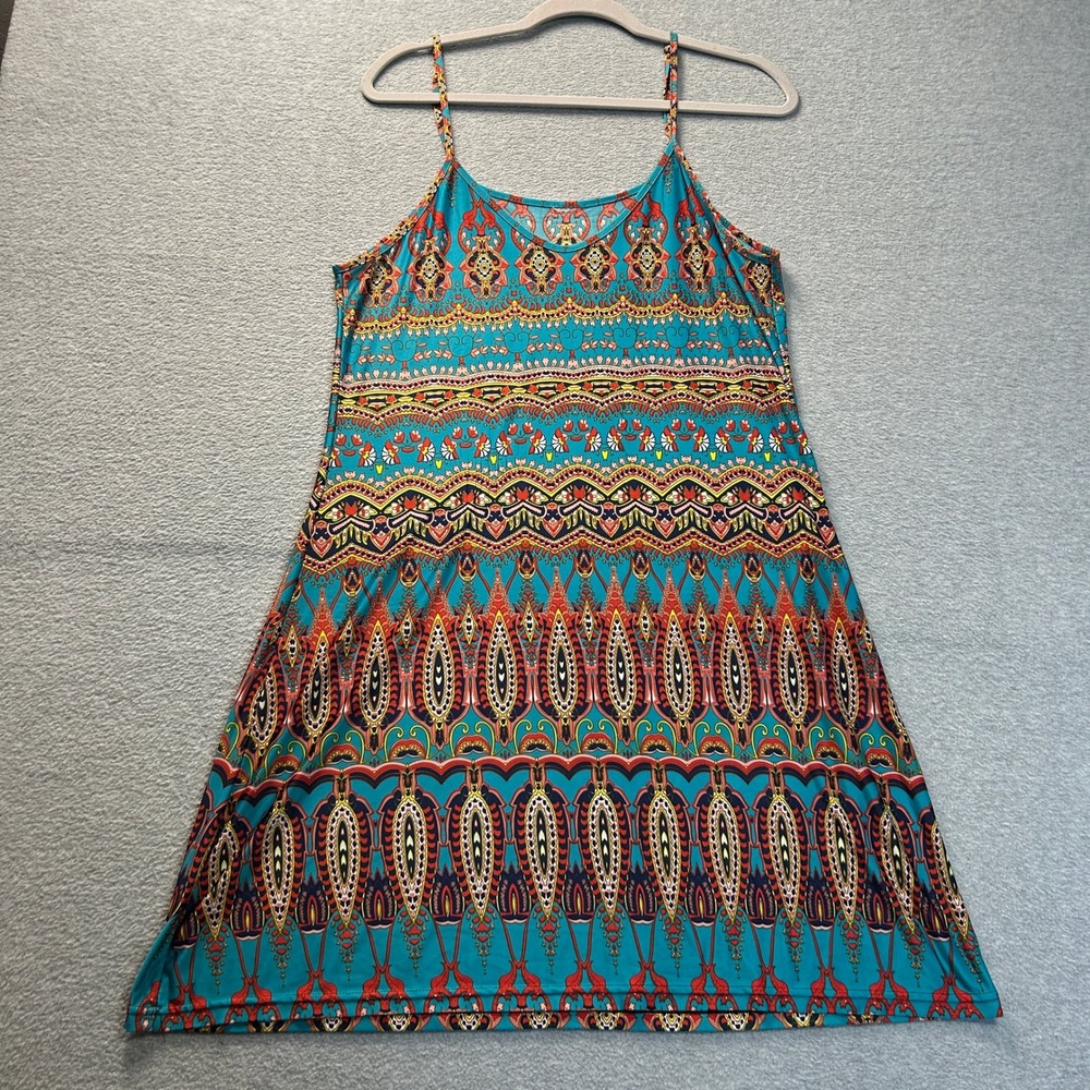 Boho Spaghetti Strap Sleeveless Sundress Womens Medium Turquoise Geometric Print